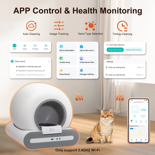 65L Self-Cleaning Cat Litter Box App Control, ONLY Supports 2.4G Wifi W/Litter Mat&Trash Bags, Fit for Tofu & Mixed Litter