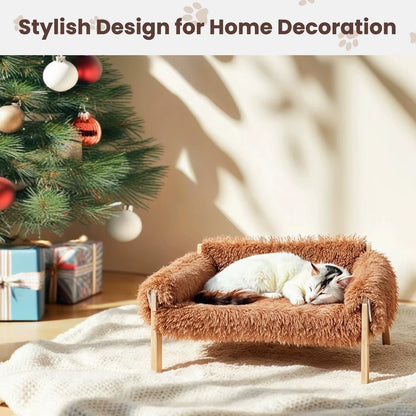 Large Cat Bed Sturdy Wooden Leg Raised Plush Cat Sofa Bed Kitten Bed for Indoor Cats - Soft Cat Couch