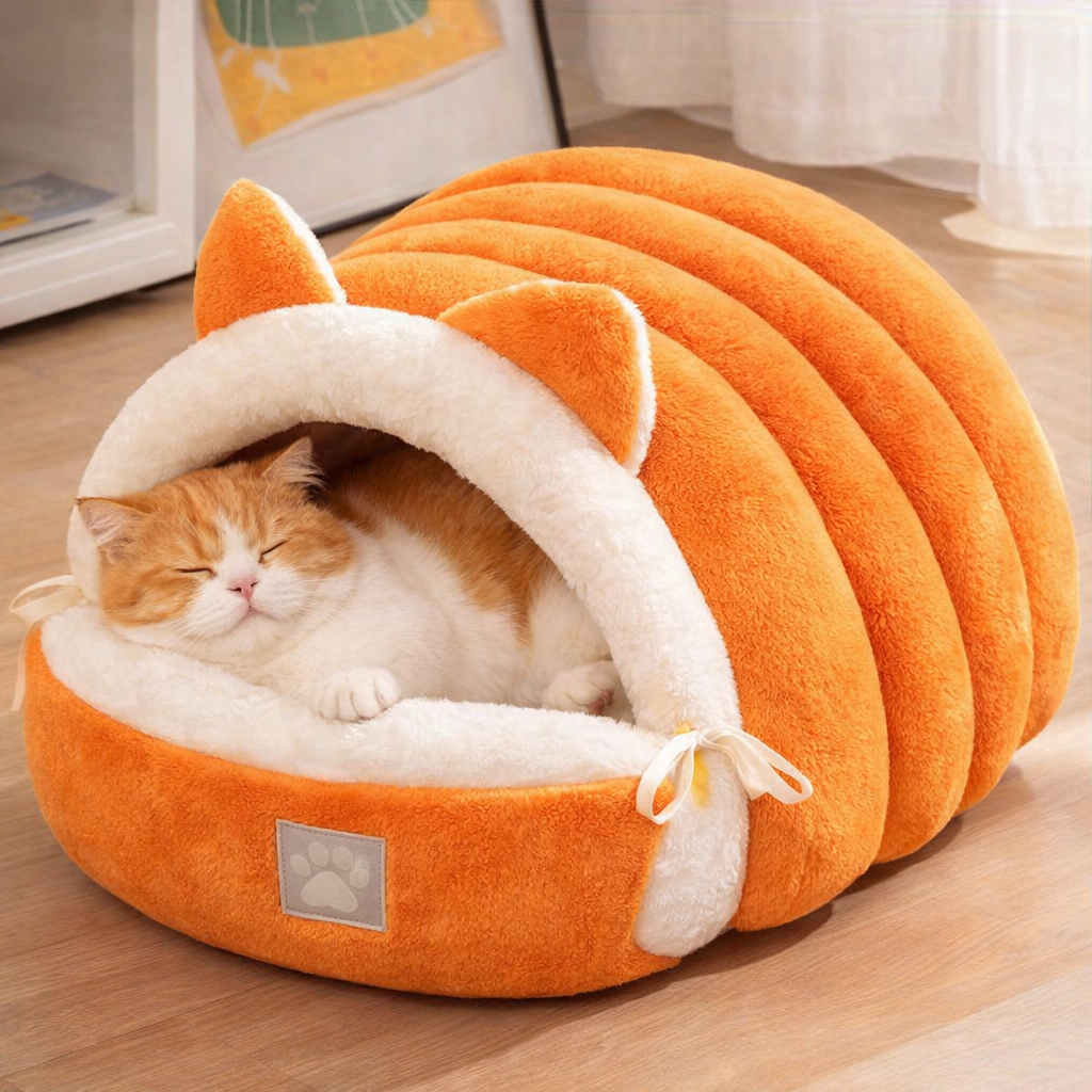 New for Cat Ear Cat Bed -Soft & Semi Winter-Enclosed Pet Nest with Non-Slip Bottom, Windproof & Warm Removable Washable