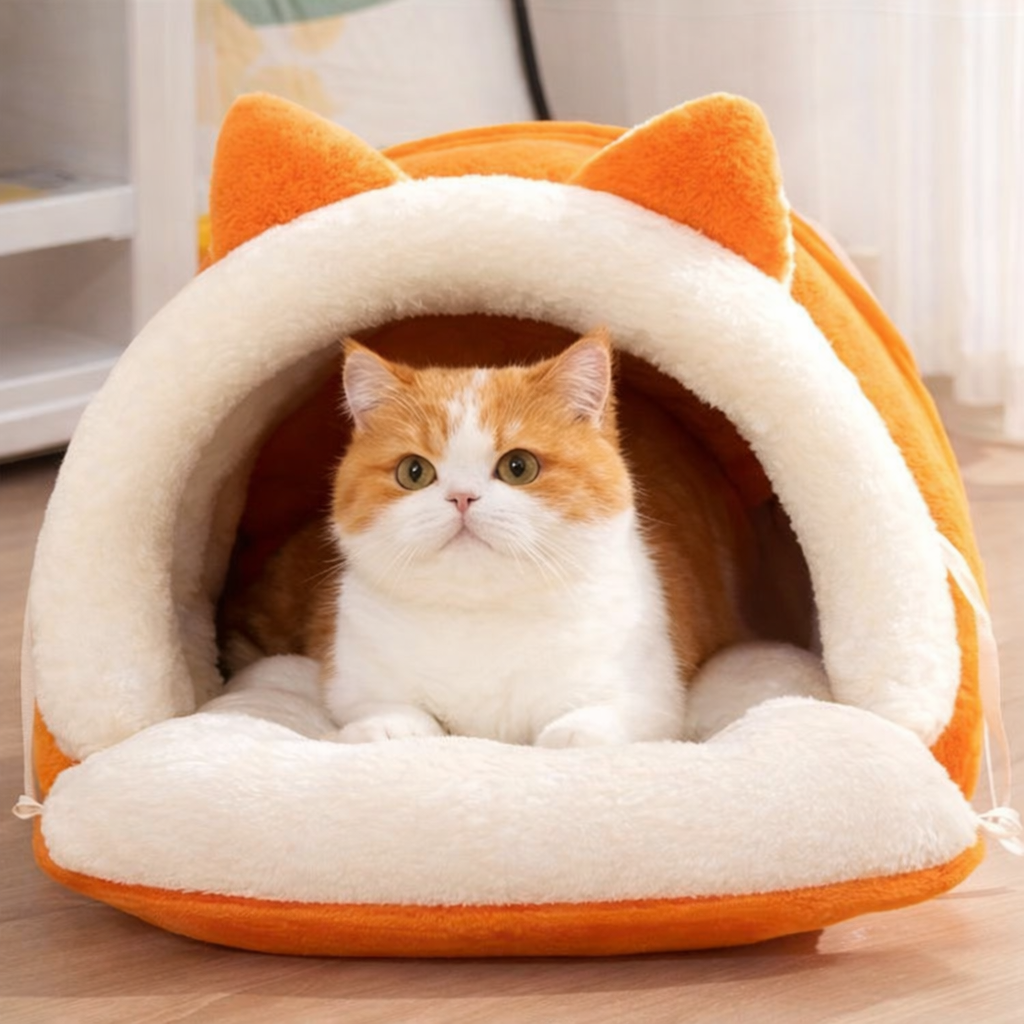 New for Cat Ear Cat Bed -Soft & Semi Winter-Enclosed Pet Nest with Non-Slip Bottom, Windproof & Warm Removable Washable