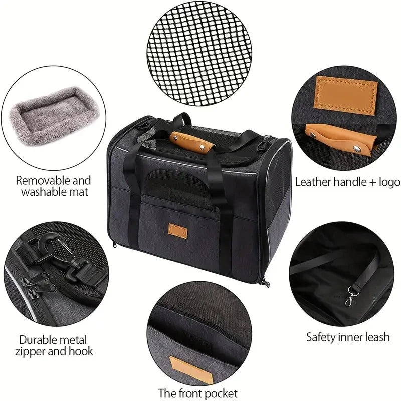 Foldable Cat Carrier Bag with Safety Zippers and Bonus Bowl - Perfect for Small Dogs, Puppies, and Medium Cats