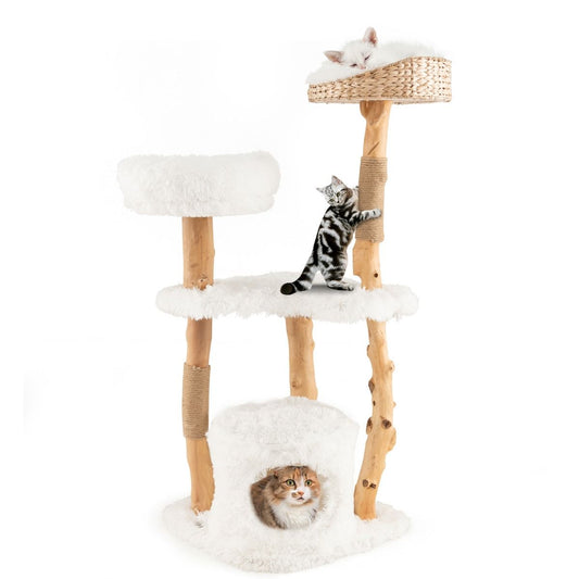 124 CM Tall Wooden Cat Tree with Jute Scratching Posts