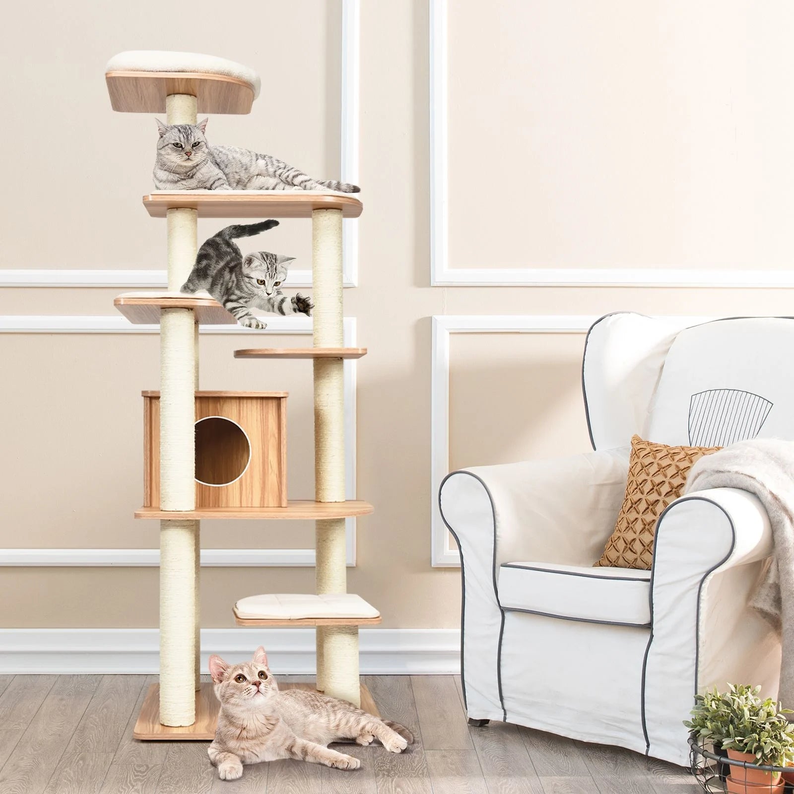 179 Cm Tall Wooden Cat Tree with Sisal Scratching Posts