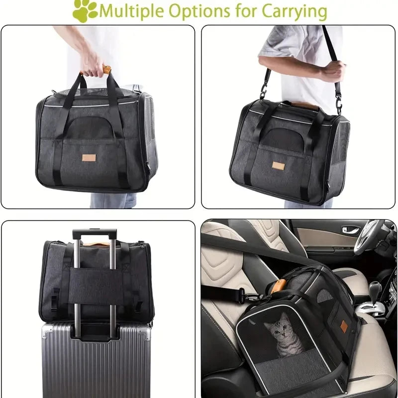 Foldable Cat Carrier Bag with Safety Zippers and Bonus Bowl - Perfect for Small Dogs, Puppies, and Medium Cats