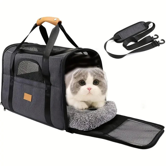 Foldable Cat Carrier Bag with Safety Zippers and Bonus Bowl - Perfect for Small Dogs, Puppies, and Medium Cats
