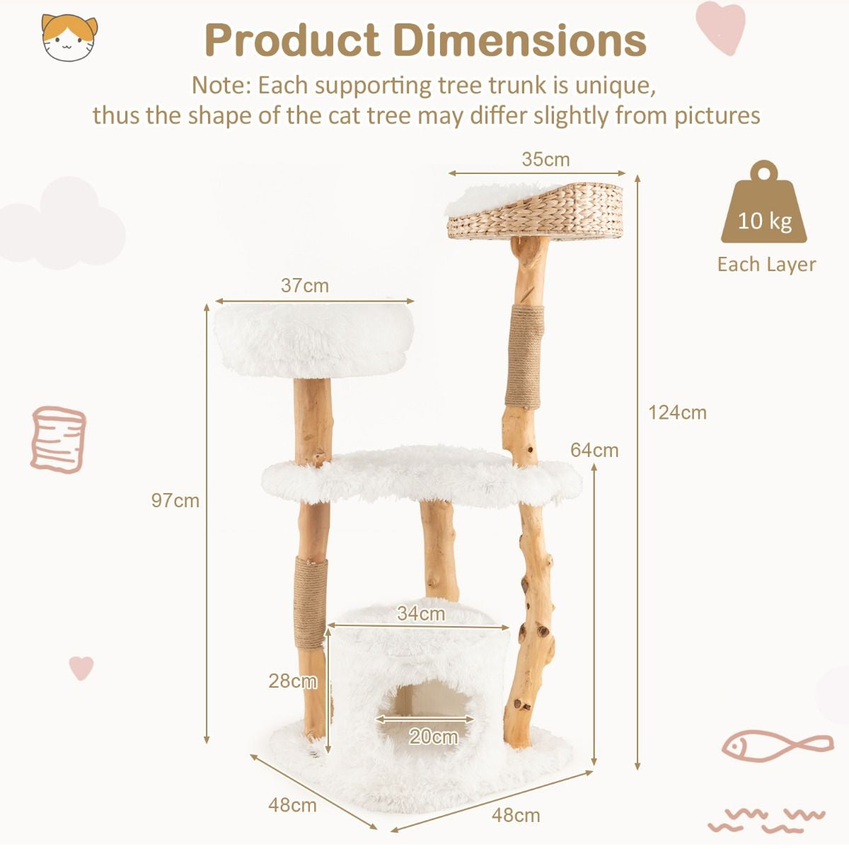 124 CM Tall Wooden Cat Tree with Jute Scratching Posts