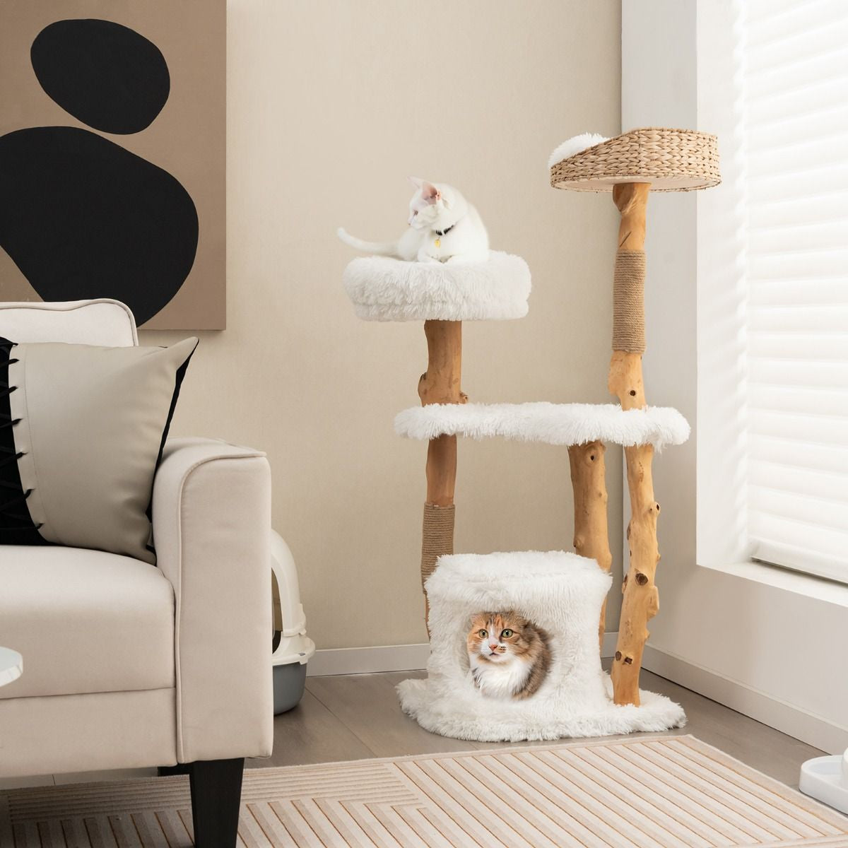 124 CM Tall Wooden Cat Tree with Jute Scratching Posts